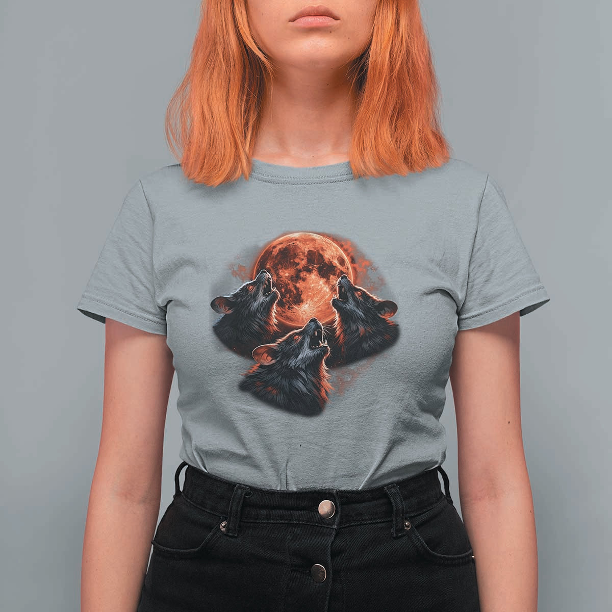 Majestic Three Wolves Howling at Red Blood Moon Graphic T Shirt For Women Wild Nature with Celestial Astronomy