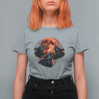 Majestic Three Wolves Howling at Red Blood Moon Graphic T Shirt For Women Wild Nature with Celestial Astronomy