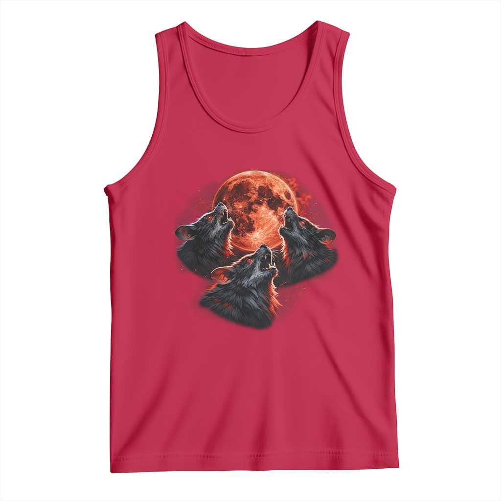Majestic Three Wolves Howling at Red Blood Moon Graphic Tank Top Wild Nature with Celestial Astronomy