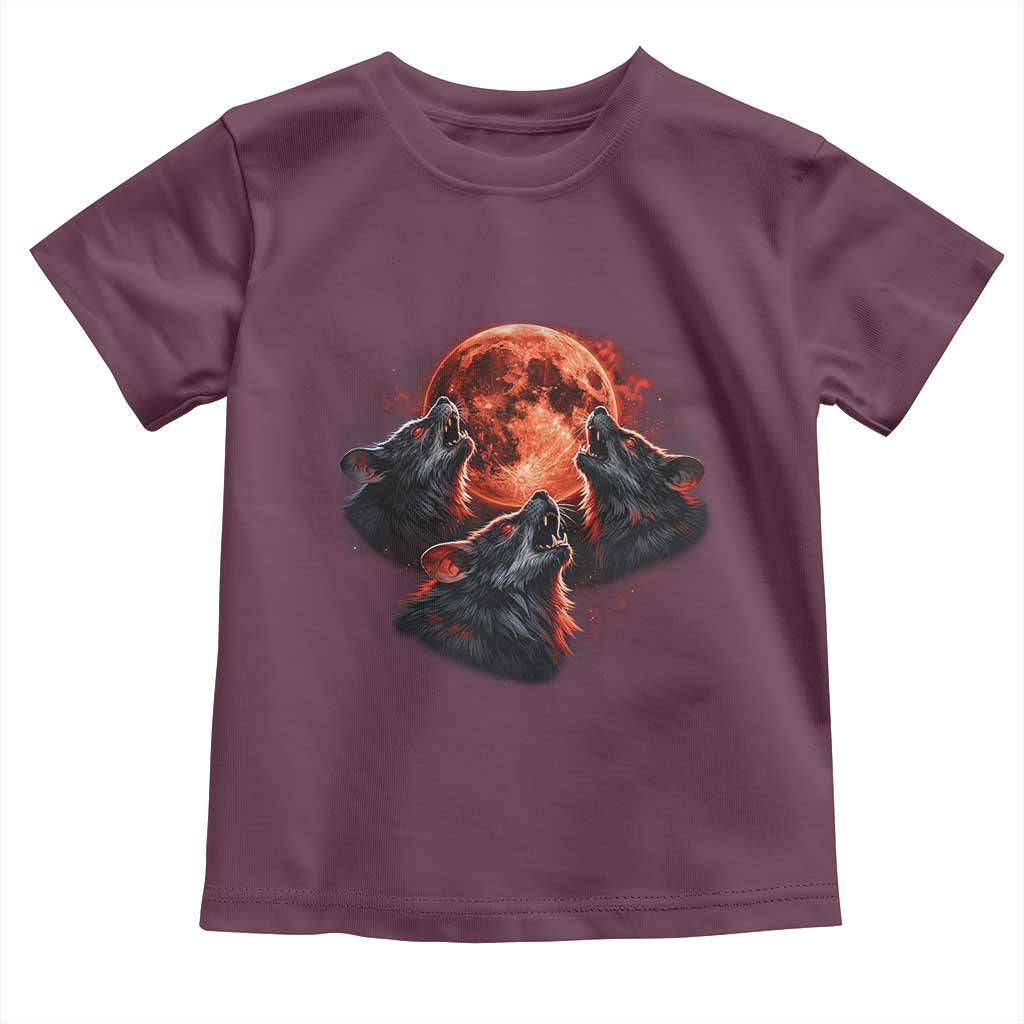 Majestic Three Wolves Howling at Red Blood Moon Graphic Toddler T Shirt Wild Nature with Celestial Astronomy