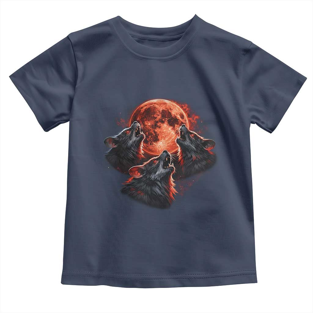 Majestic Three Wolves Howling at Red Blood Moon Graphic Toddler T Shirt Wild Nature with Celestial Astronomy