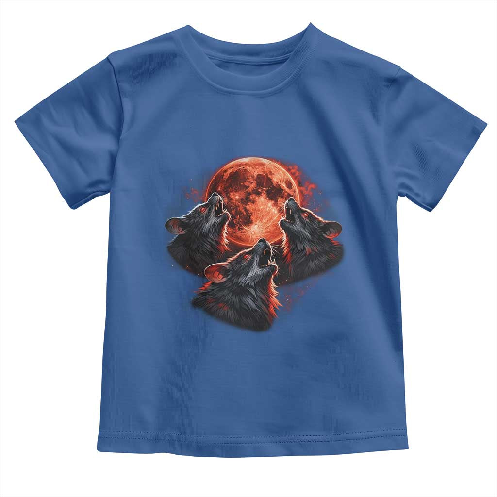 Majestic Three Wolves Howling at Red Blood Moon Graphic Toddler T Shirt Wild Nature with Celestial Astronomy