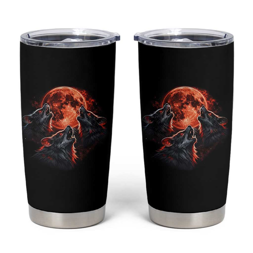 Majestic Three Wolves Howling at Red Blood Moon Graphic Tumbler Cup Wild Nature with Celestial Astronomy