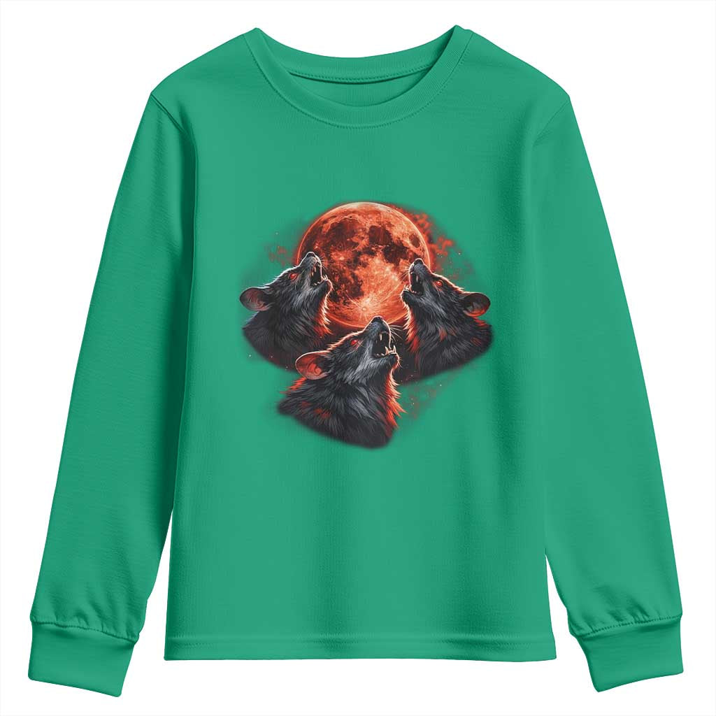 Majestic Three Wolves Howling at Red Blood Moon Graphic Youth Sweatshirt Wild Nature with Celestial Astronomy