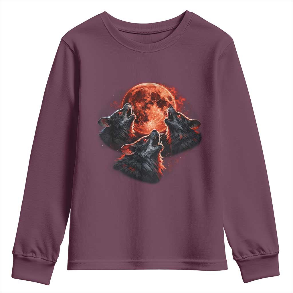 Majestic Three Wolves Howling at Red Blood Moon Graphic Youth Sweatshirt Wild Nature with Celestial Astronomy