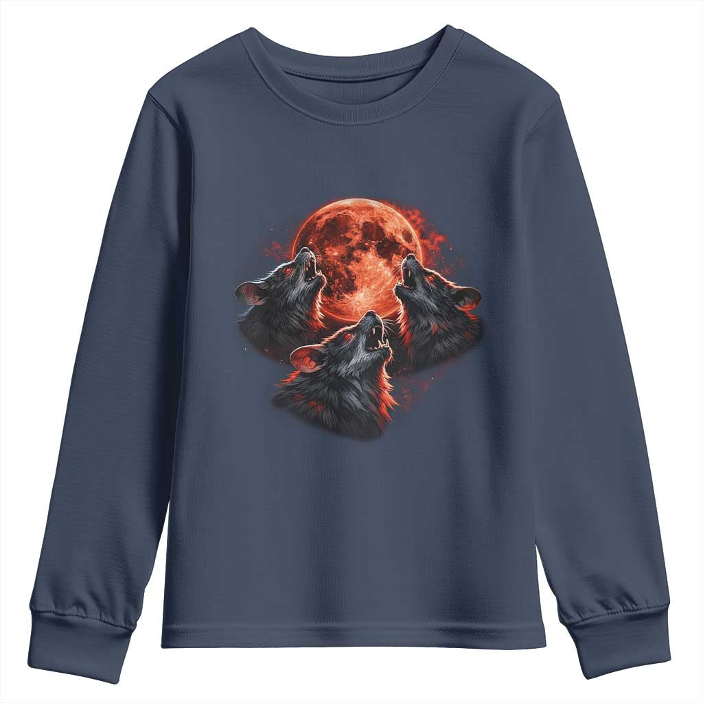 Majestic Three Wolves Howling at Red Blood Moon Graphic Youth Sweatshirt Wild Nature with Celestial Astronomy