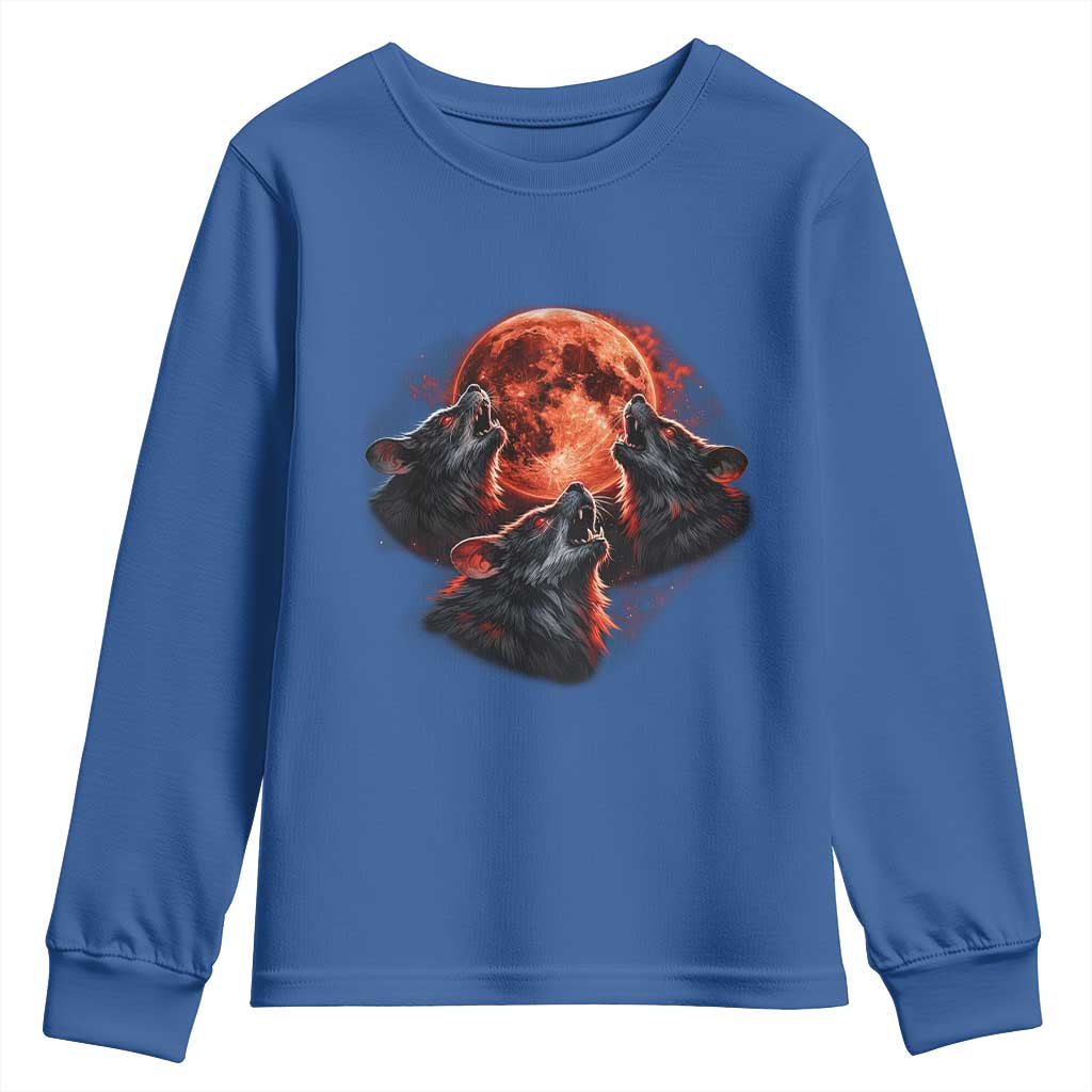 Majestic Three Wolves Howling at Red Blood Moon Graphic Youth Sweatshirt Wild Nature with Celestial Astronomy