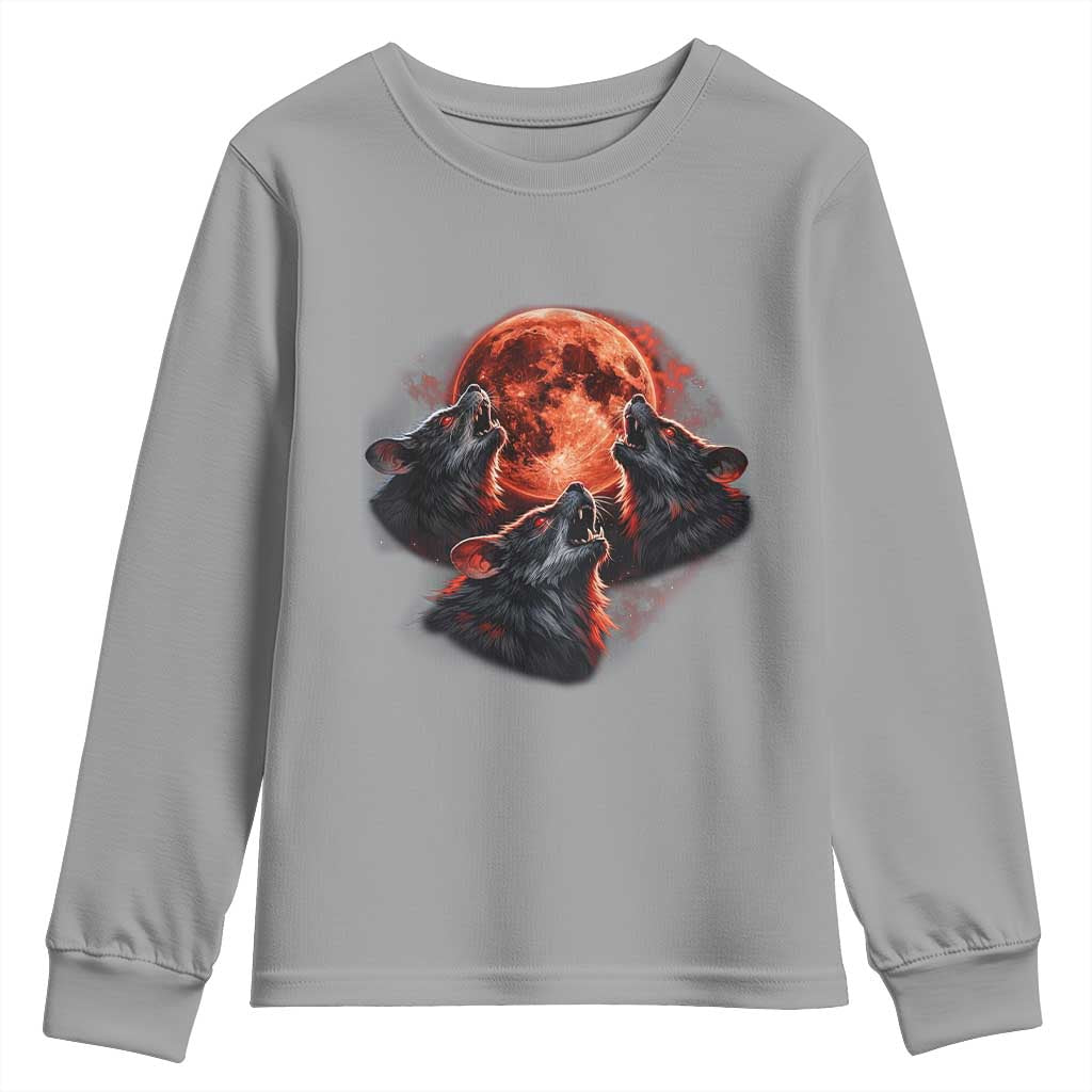 Majestic Three Wolves Howling at Red Blood Moon Graphic Youth Sweatshirt Wild Nature with Celestial Astronomy
