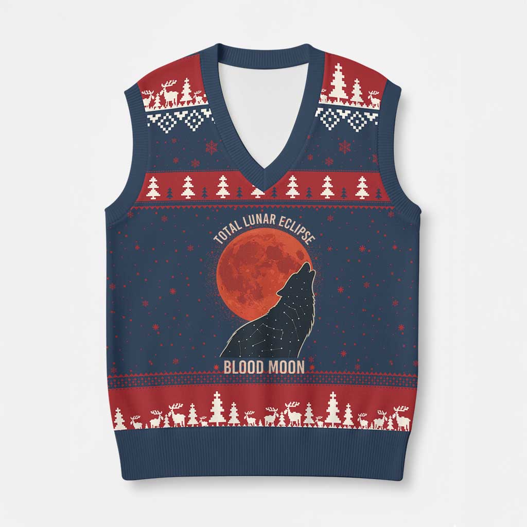 Total Lunar Eclipse March 3 2026 V-Neck Knit Sweater Vest Constellation Wolf Souvenir Graphic