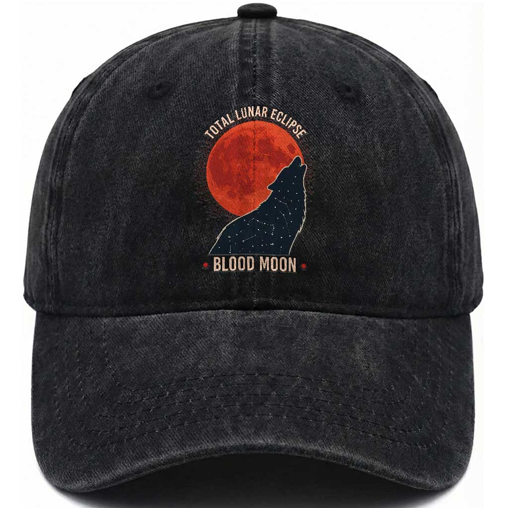 Total Lunar Eclipse March 3 2026 Washed Cotton Baseball Cap Constellation Wolf Souvenir Graphic