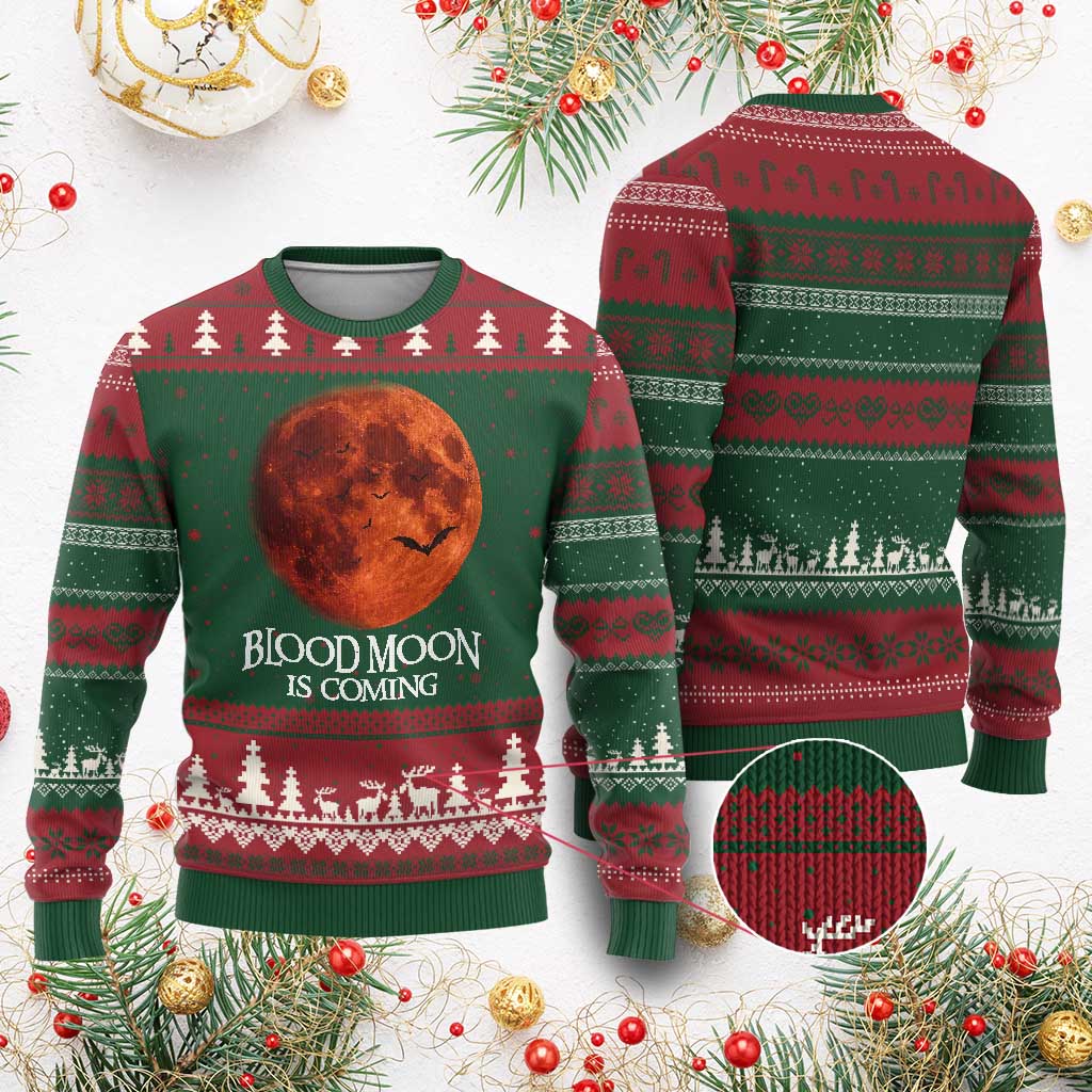 Blood Moon Is Coming Spooky Halloween Ugly Christmas Sweater Flying Bats Gothic Dark Horror Graphic
