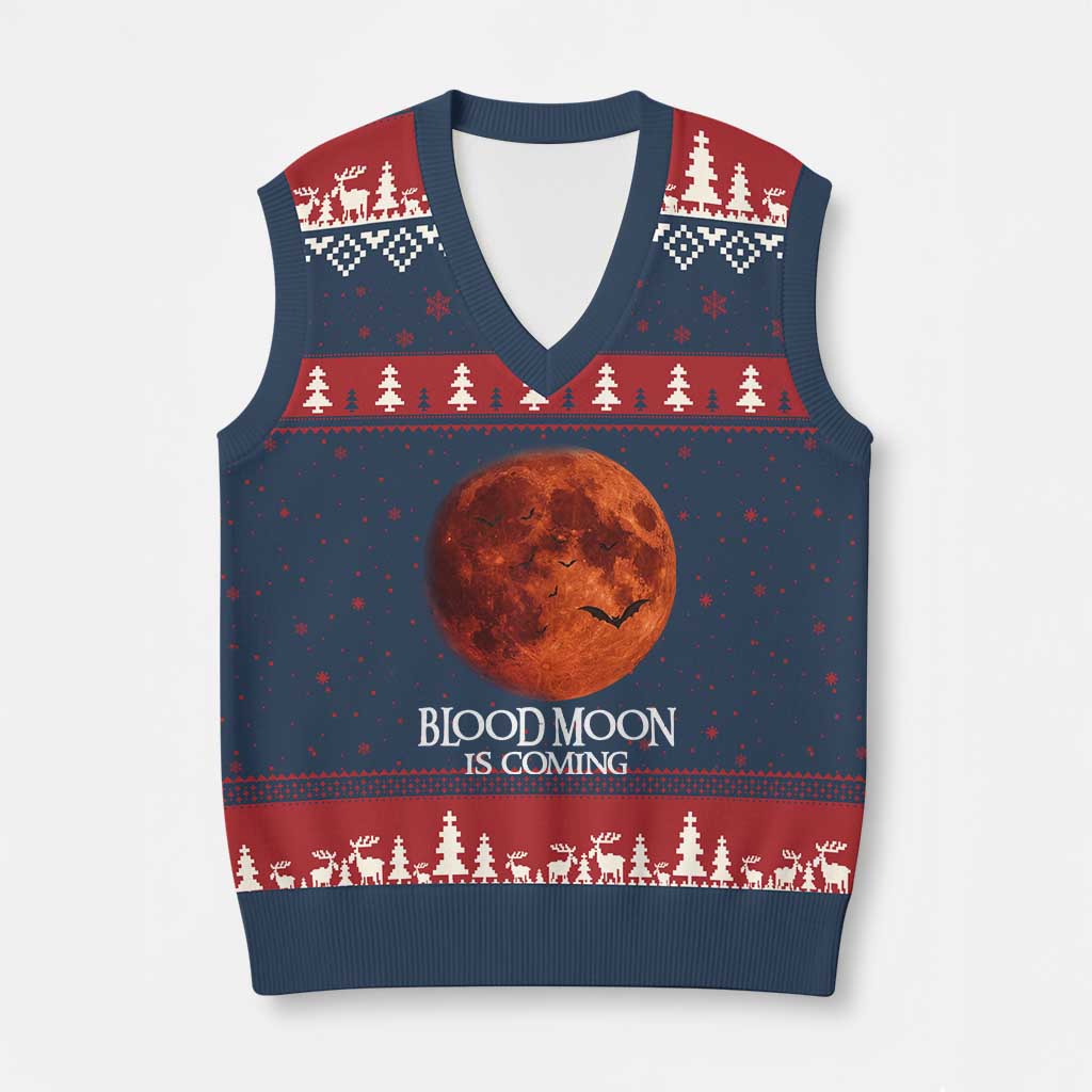Blood Moon Is Coming Spooky Halloween V-Neck Knit Sweater Vest Flying Bats Gothic Dark Horror Graphic