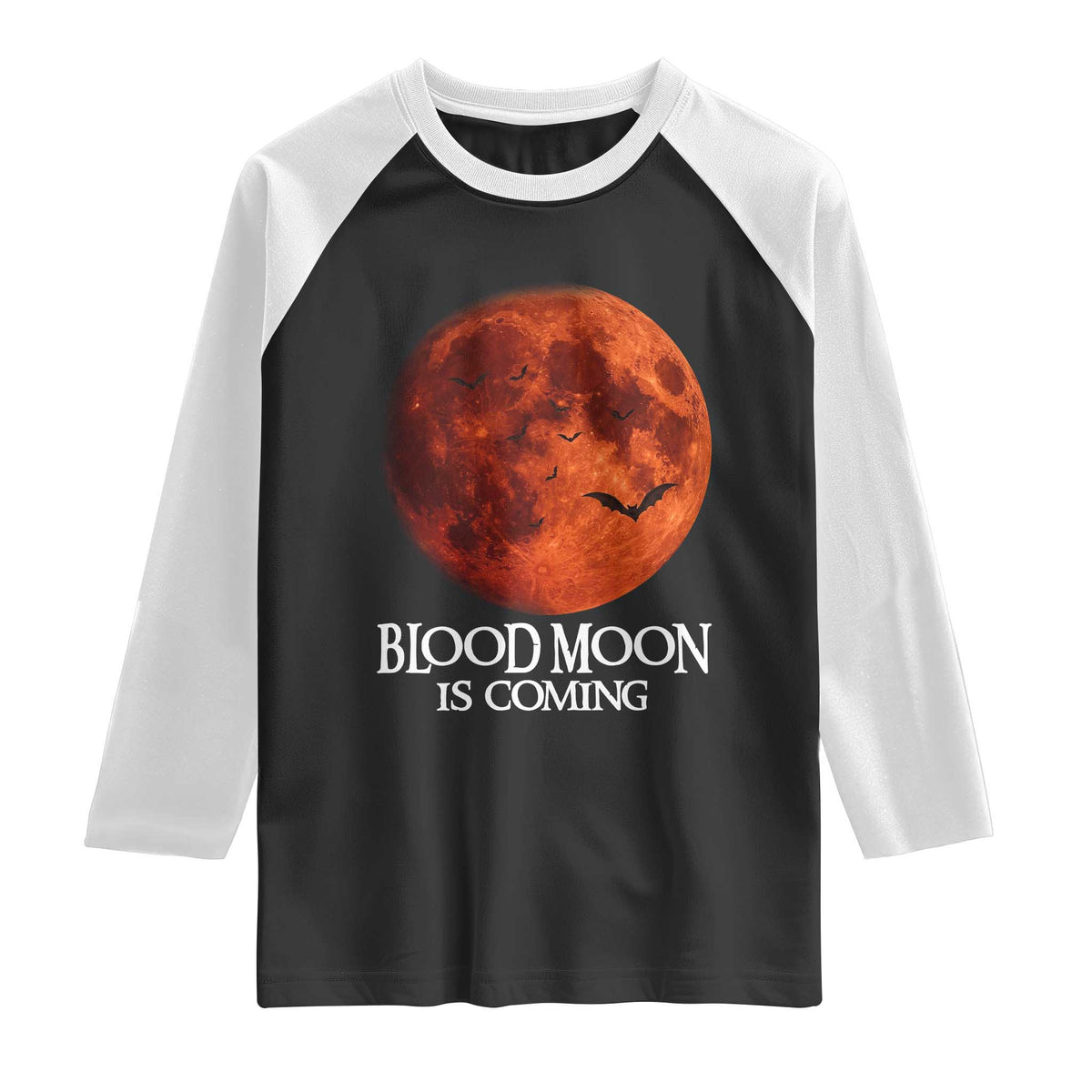 Blood Moon Is Coming Spooky Halloween Raglan Shirt Flying Bats Gothic Dark Horror Graphic