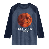 Blood Moon Is Coming Spooky Halloween Raglan Shirt Flying Bats Gothic Dark Horror Graphic