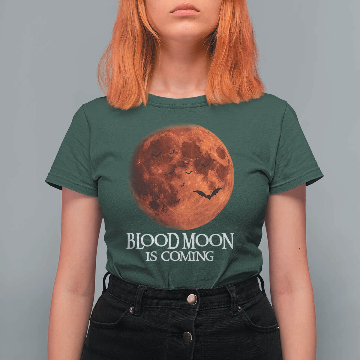 Blood Moon Is Coming Spooky Halloween T Shirt For Women Flying Bats Gothic Dark Horror Graphic