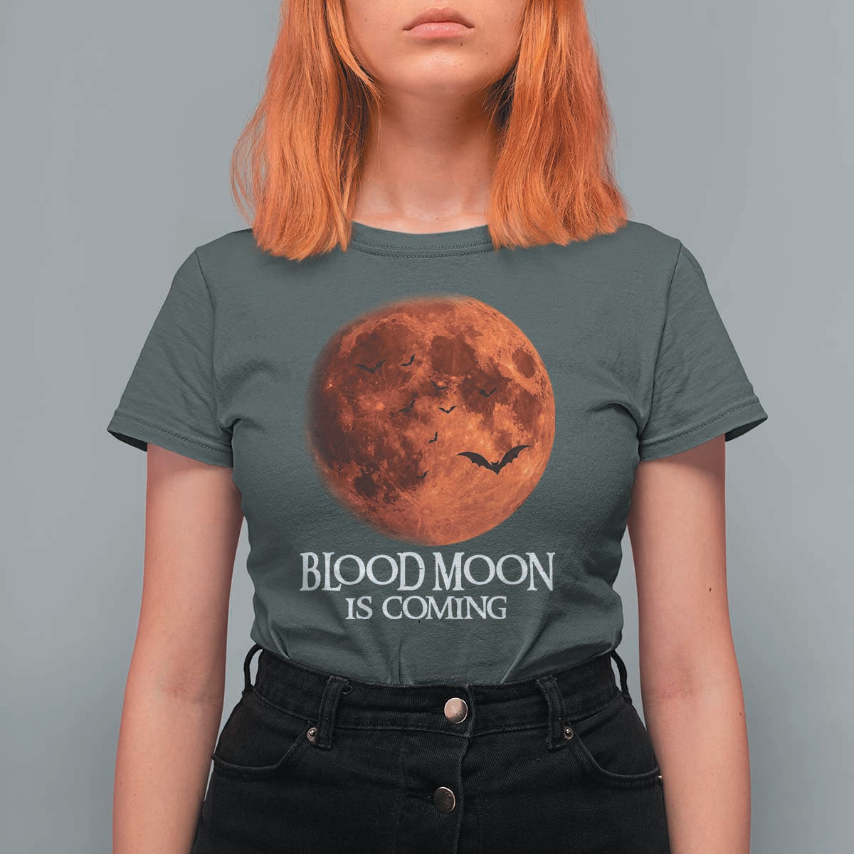 Blood Moon Is Coming Spooky Halloween T Shirt For Women Flying Bats Gothic Dark Horror Graphic