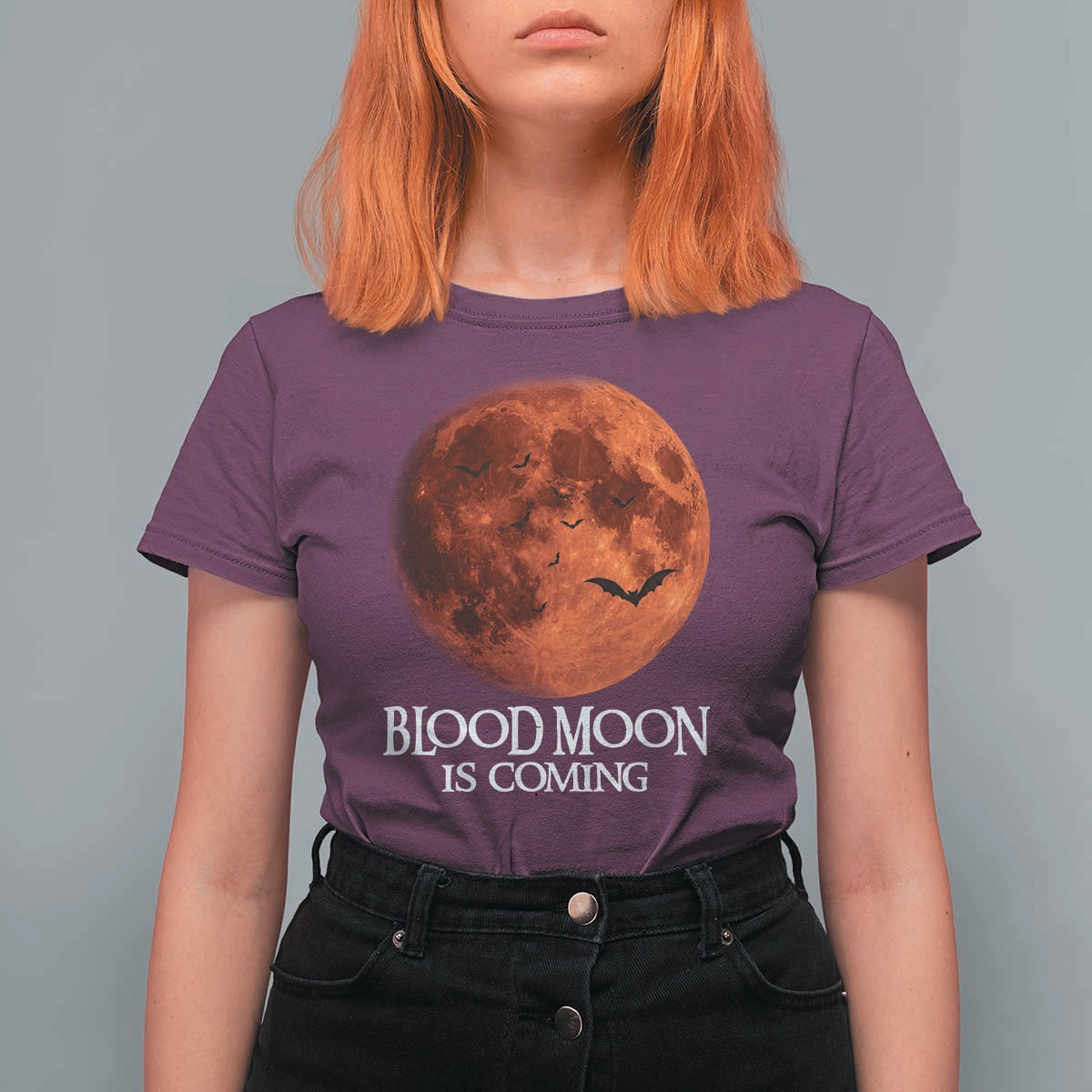 Blood Moon Is Coming Spooky Halloween T Shirt For Women Flying Bats Gothic Dark Horror Graphic
