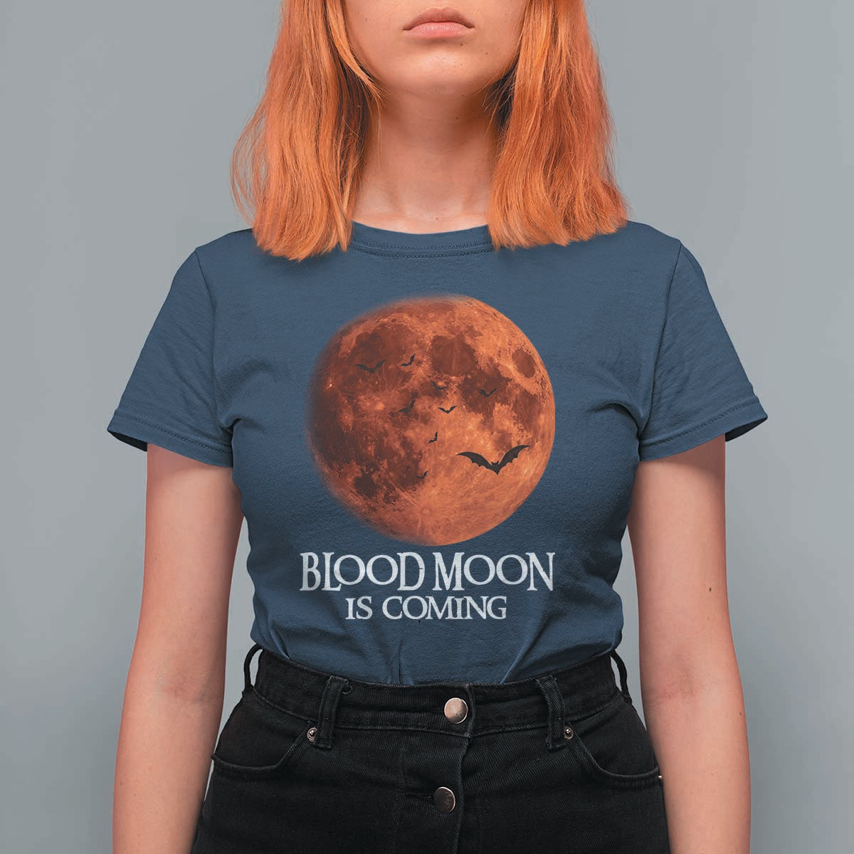 Blood Moon Is Coming Spooky Halloween T Shirt For Women Flying Bats Gothic Dark Horror Graphic