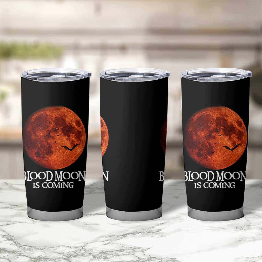 Blood Moon Is Coming Spooky Halloween Tumbler Cup Flying Bats Gothic Dark Horror Graphic