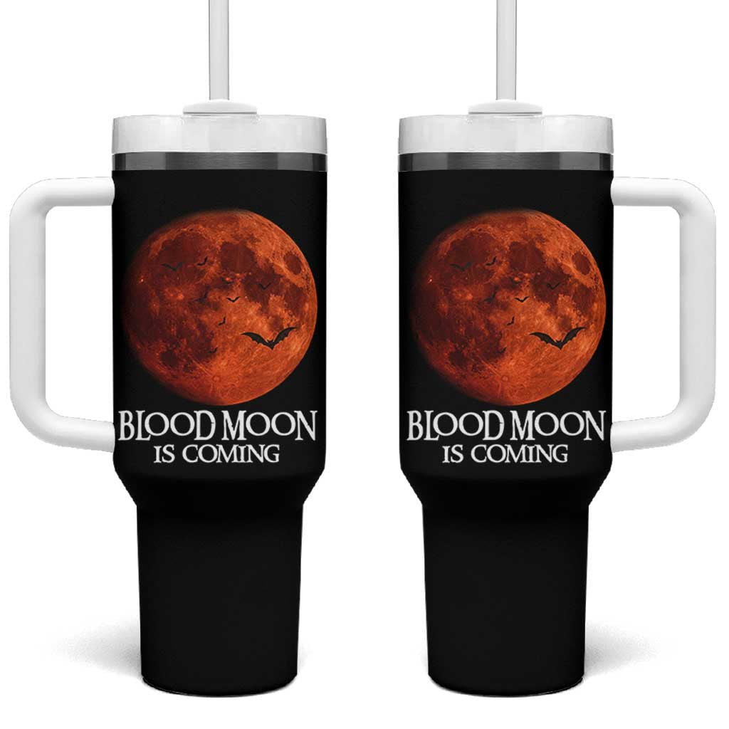 Blood Moon Is Coming Spooky Halloween Tumbler With Handle Flying Bats Gothic Dark Horror Graphic