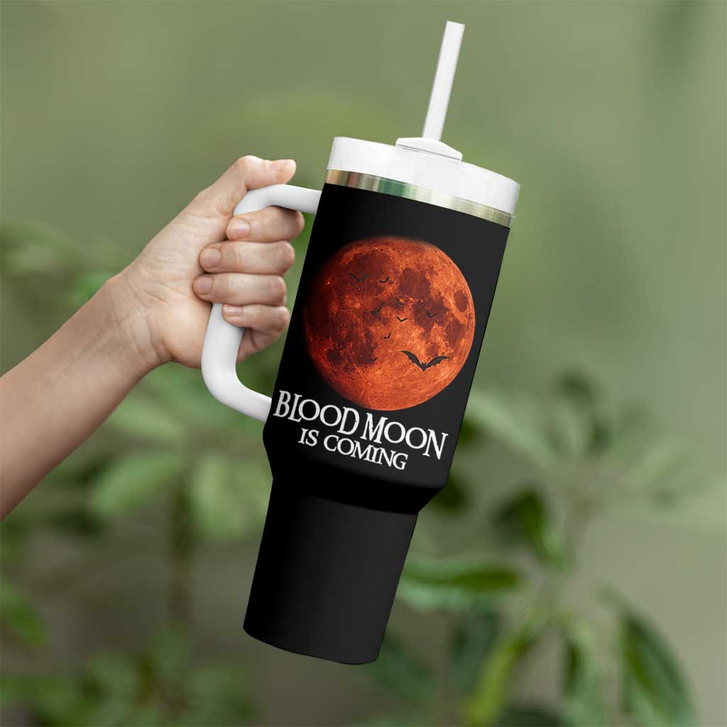 Blood Moon Is Coming Spooky Halloween Tumbler With Handle Flying Bats Gothic Dark Horror Graphic