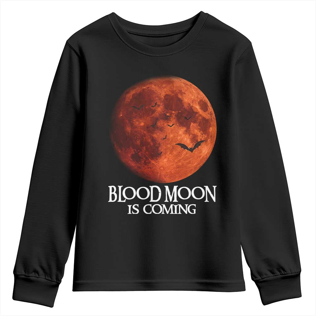 Blood Moon Is Coming Spooky Halloween Youth Sweatshirt Flying Bats Gothic Dark Horror Graphic