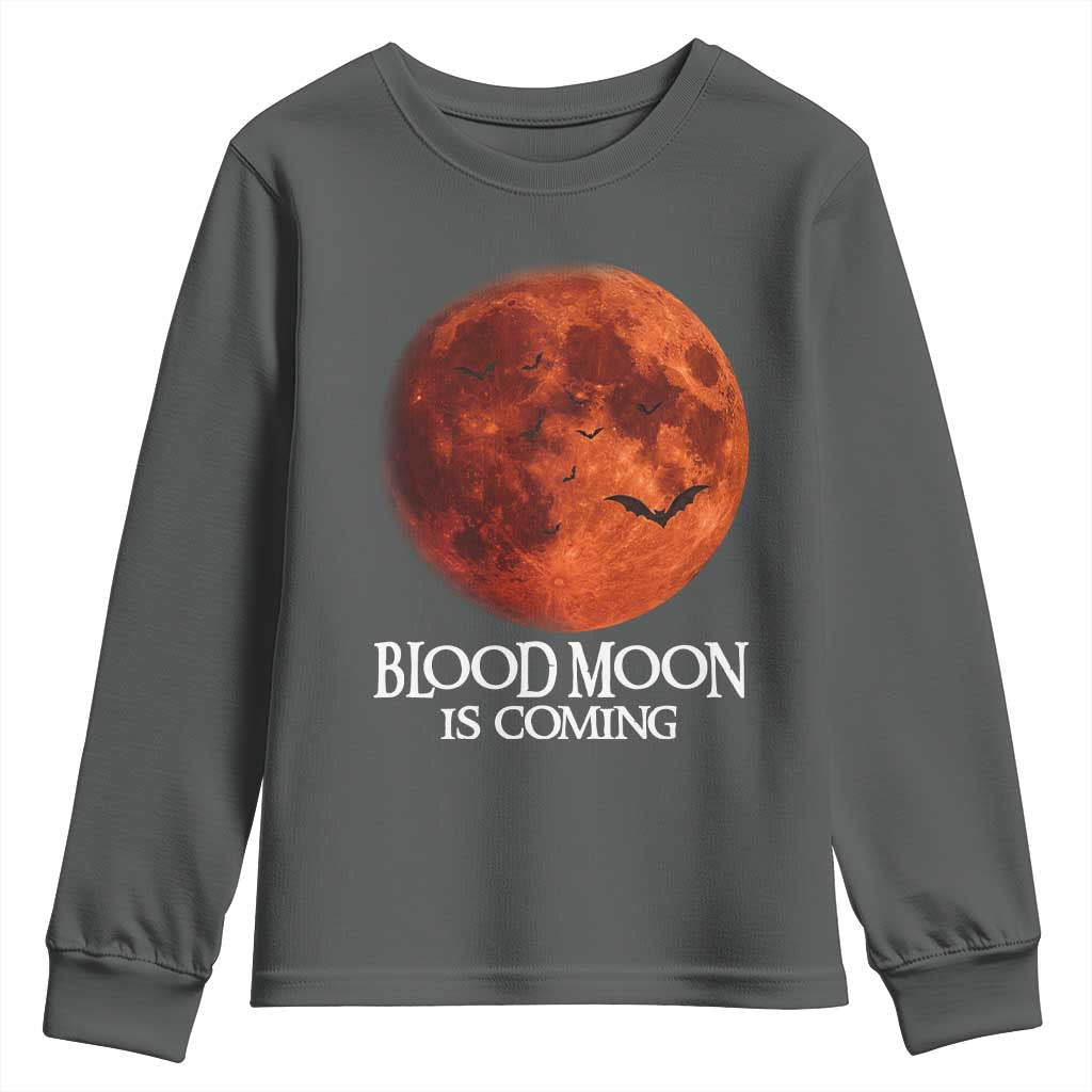 Blood Moon Is Coming Spooky Halloween Youth Sweatshirt Flying Bats Gothic Dark Horror Graphic