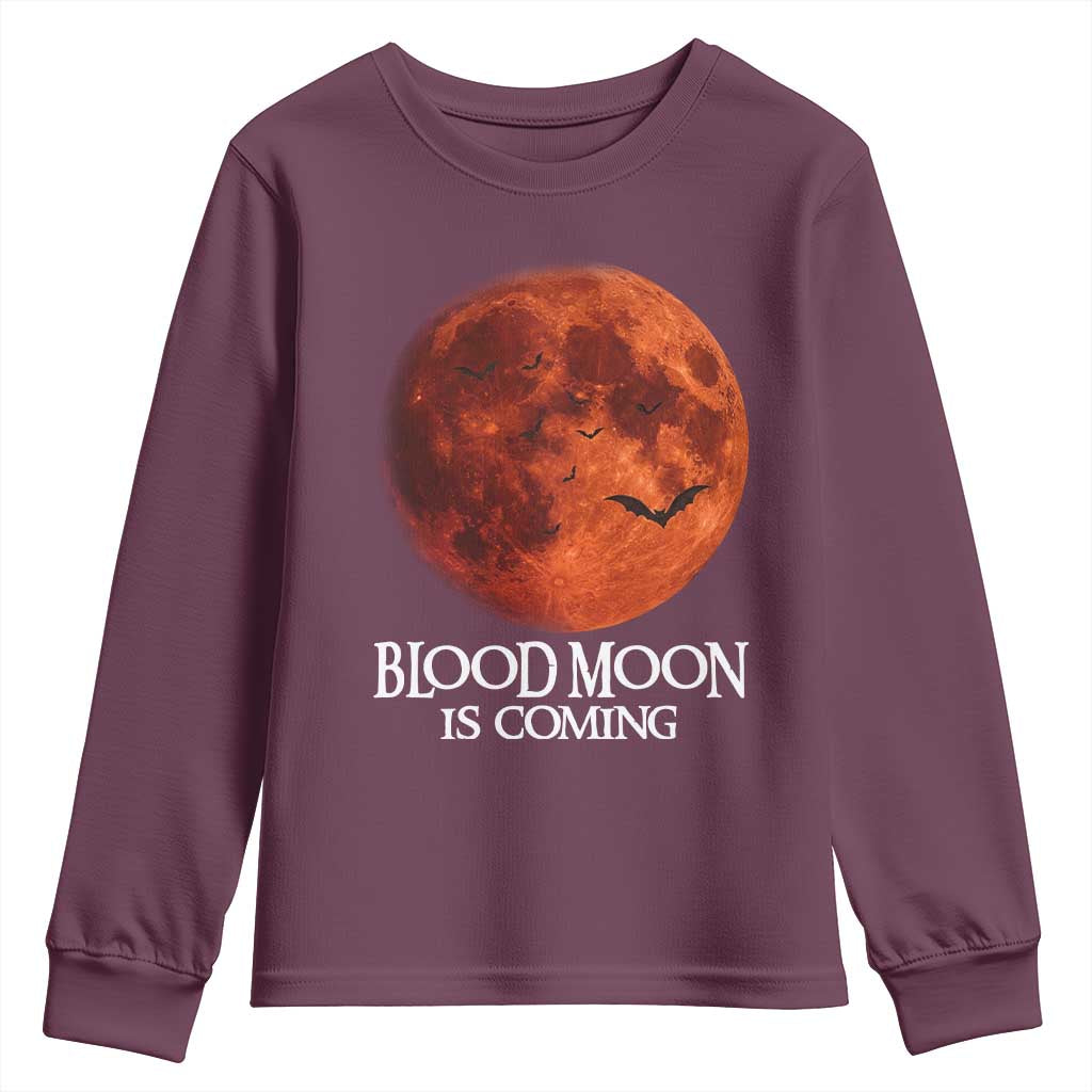 Blood Moon Is Coming Spooky Halloween Youth Sweatshirt Flying Bats Gothic Dark Horror Graphic