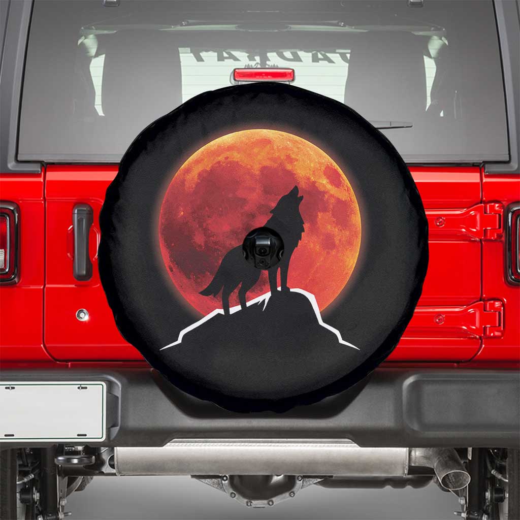 Howling Wolf Crimson Blood Moon Spare Tire Cover Mountain Wildlife Nature Graphic