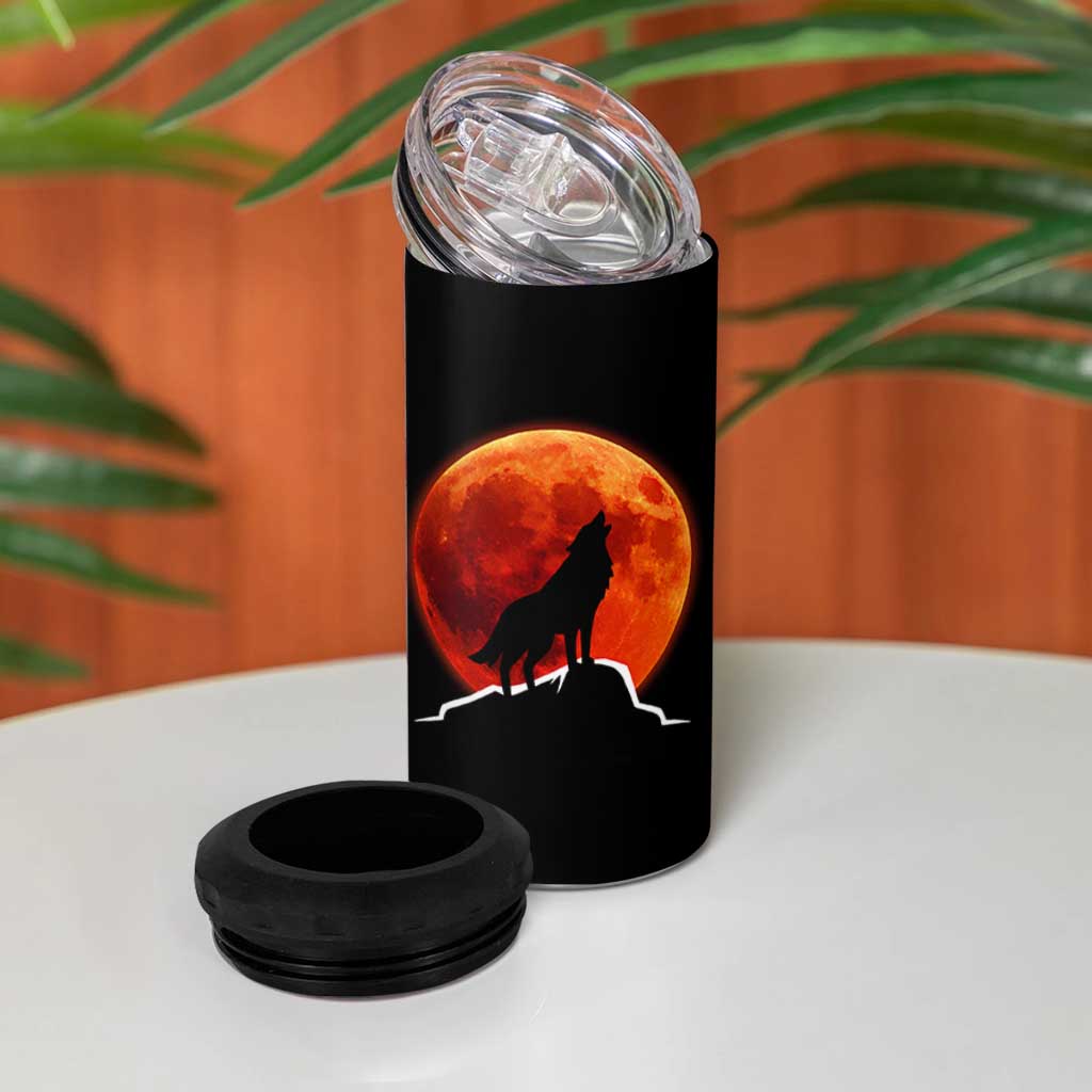 Howling Wolf Crimson Blood Moon 4 in 1 Can Cooler Tumbler Mountain Wildlife Nature Graphic
