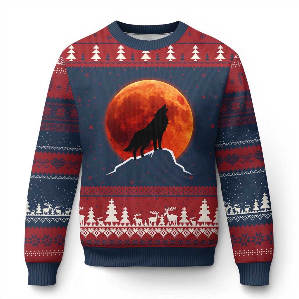 Howling Wolf Crimson Blood Moon Ugly Christmas Sweater Mountain Wildlife Nature Graphic