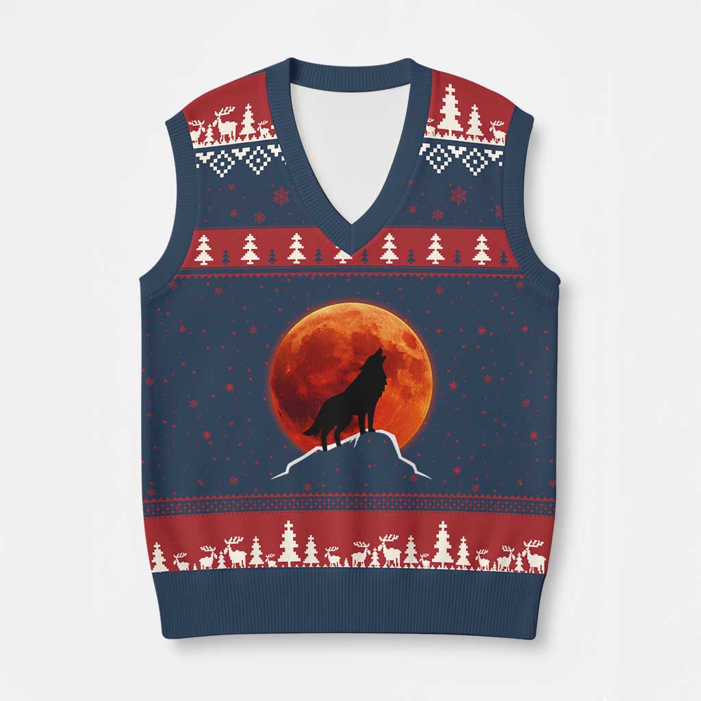 Howling Wolf Crimson Blood Moon V-Neck Knit Sweater Vest Mountain Wildlife Nature Graphic