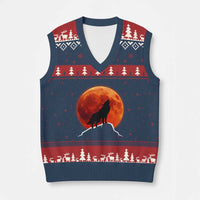 Howling Wolf Crimson Blood Moon V-Neck Knit Sweater Vest Mountain Wildlife Nature Graphic