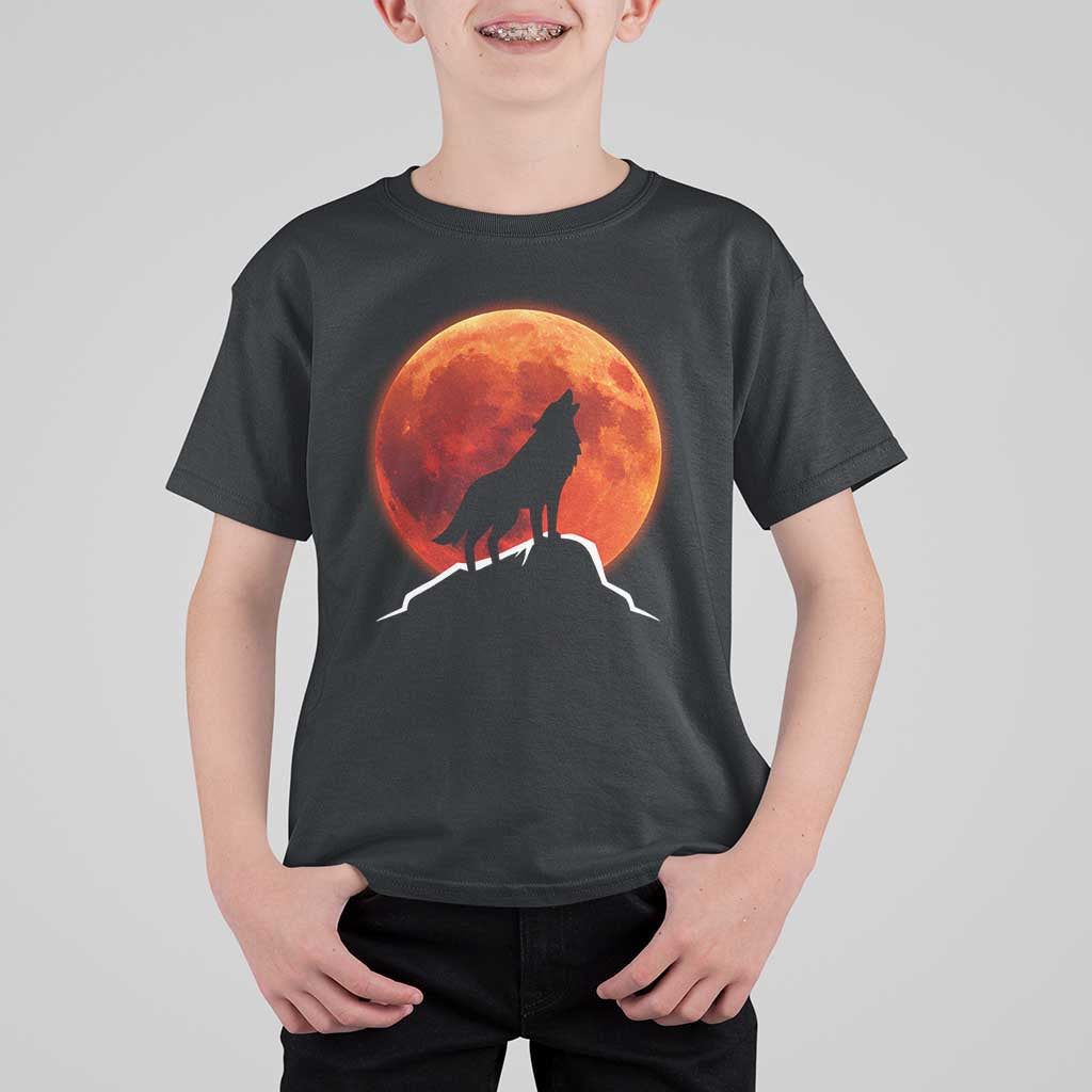 Howling Wolf Crimson Blood Moon T Shirt For Kid Mountain Wildlife Nature Graphic