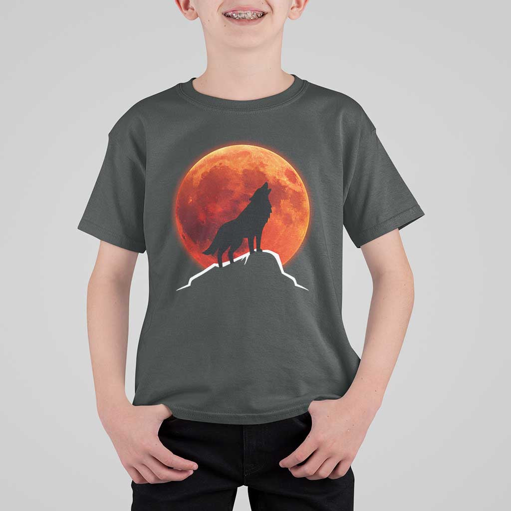 Howling Wolf Crimson Blood Moon T Shirt For Kid Mountain Wildlife Nature Graphic