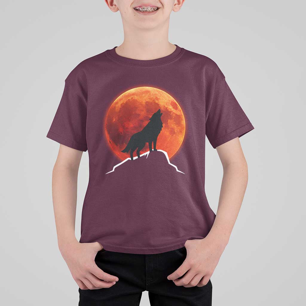 Howling Wolf Crimson Blood Moon T Shirt For Kid Mountain Wildlife Nature Graphic