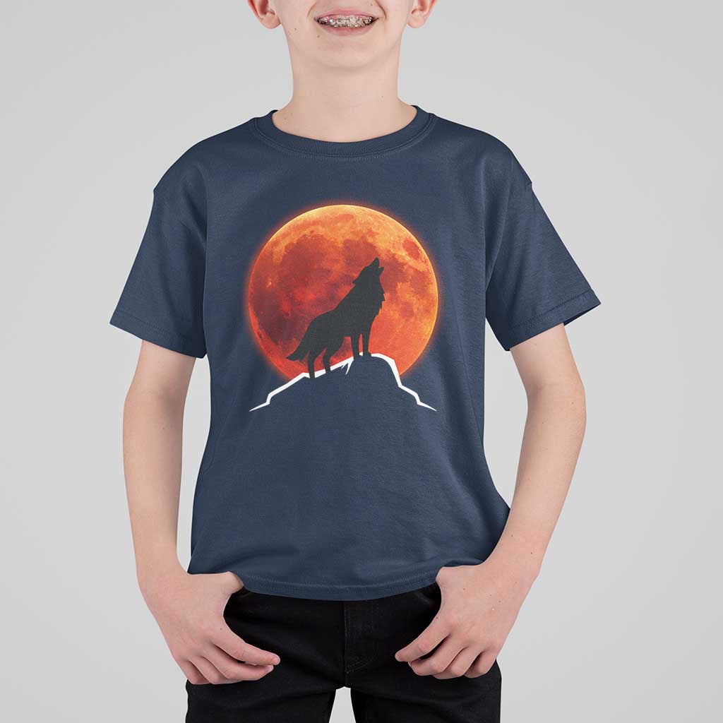 Howling Wolf Crimson Blood Moon T Shirt For Kid Mountain Wildlife Nature Graphic