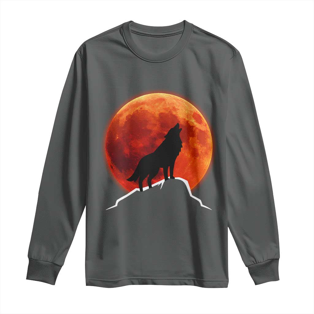 Howling Wolf Crimson Blood Moon Long Sleeve Shirt Mountain Wildlife Nature Graphic