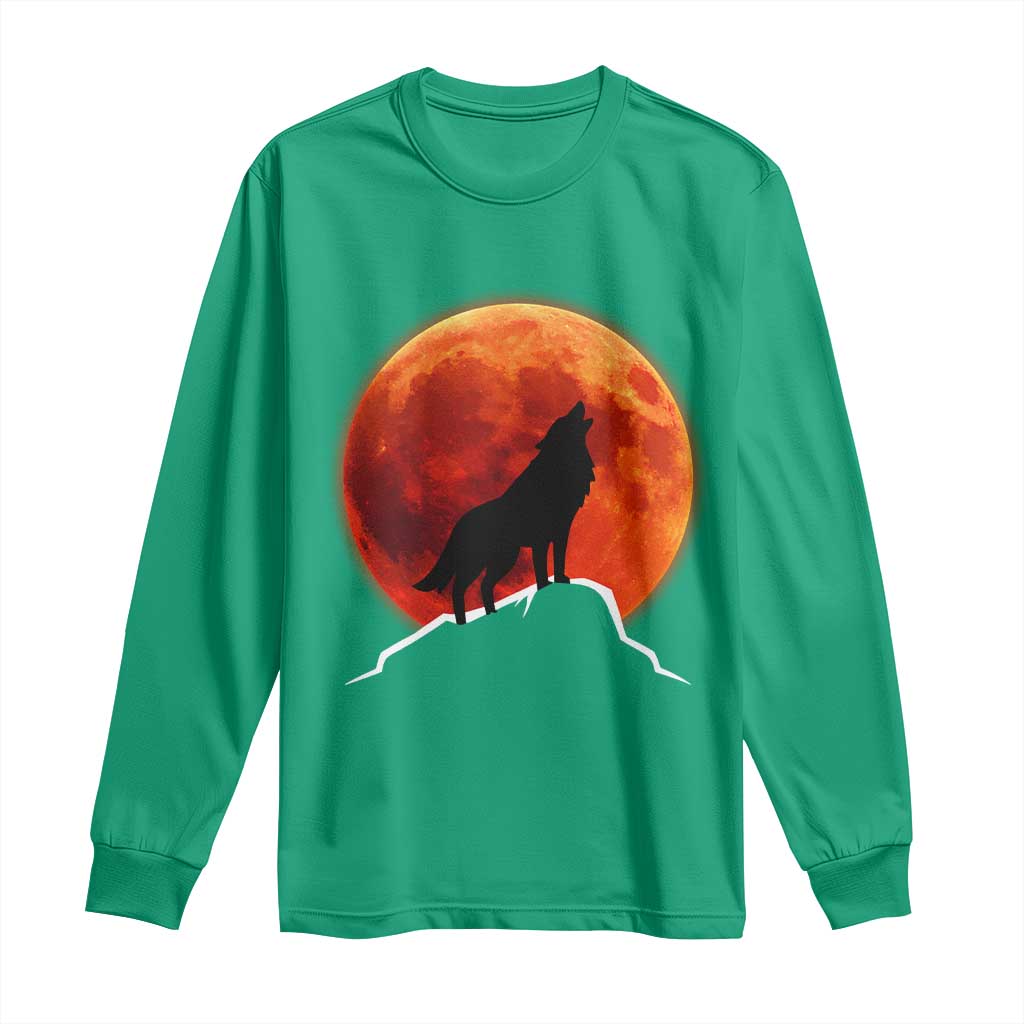 Howling Wolf Crimson Blood Moon Long Sleeve Shirt Mountain Wildlife Nature Graphic