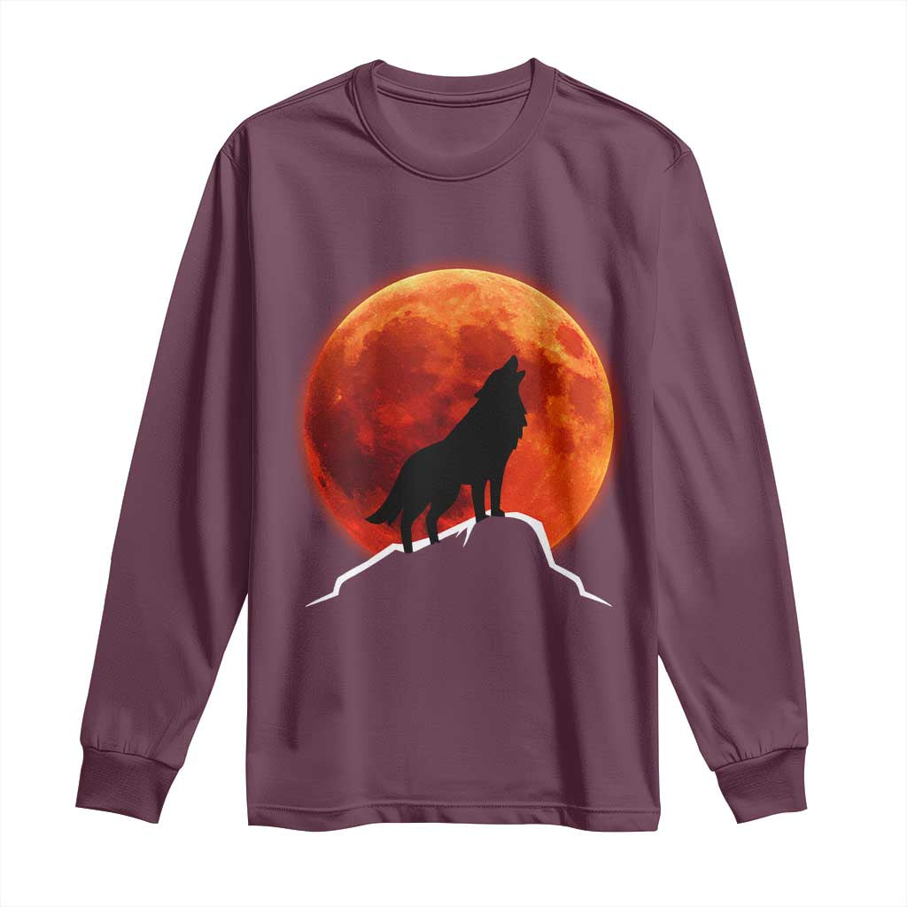 Howling Wolf Crimson Blood Moon Long Sleeve Shirt Mountain Wildlife Nature Graphic