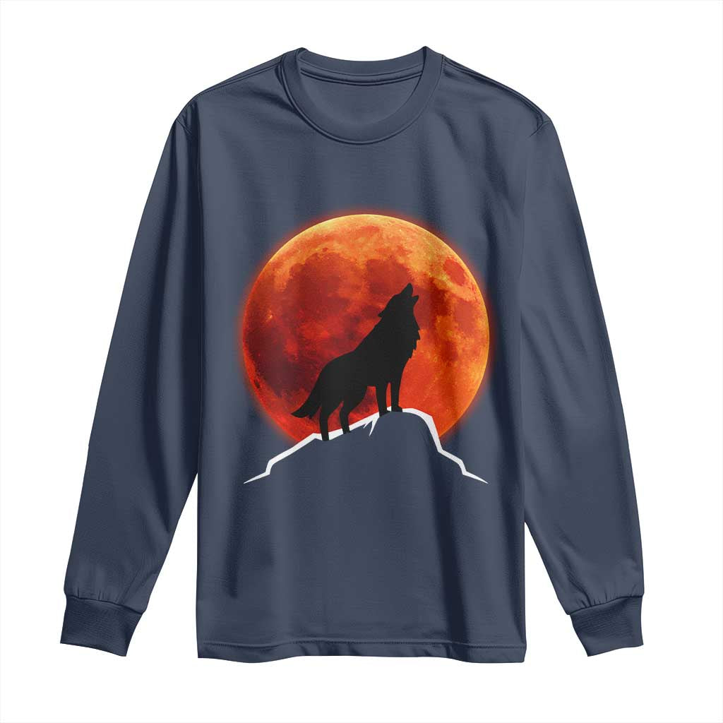 Howling Wolf Crimson Blood Moon Long Sleeve Shirt Mountain Wildlife Nature Graphic