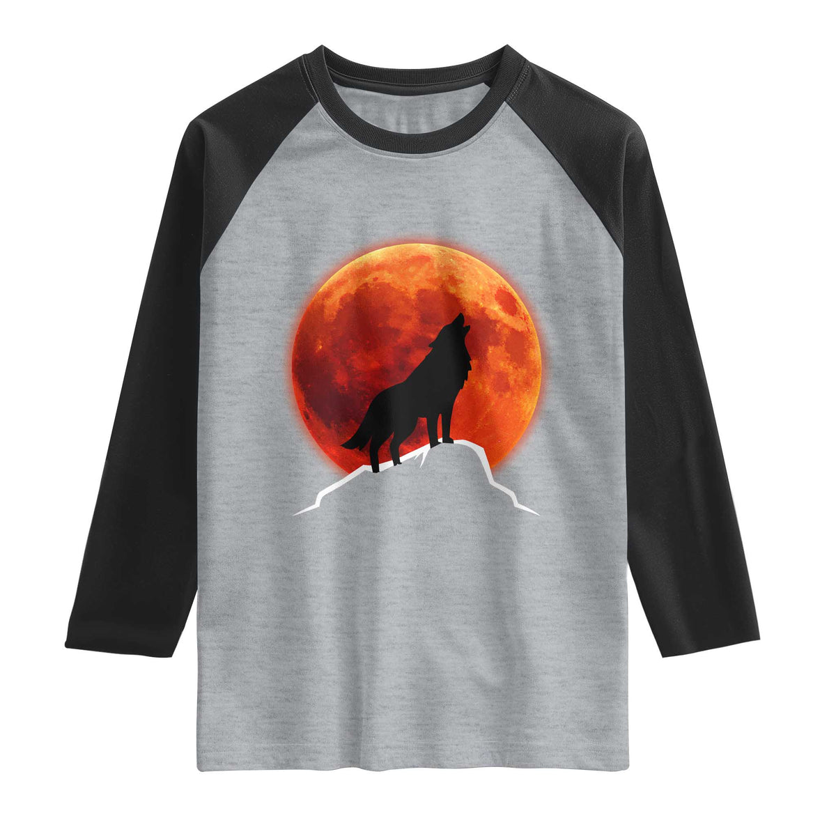 Howling Wolf Crimson Blood Moon Raglan Shirt Mountain Wildlife Nature Graphic