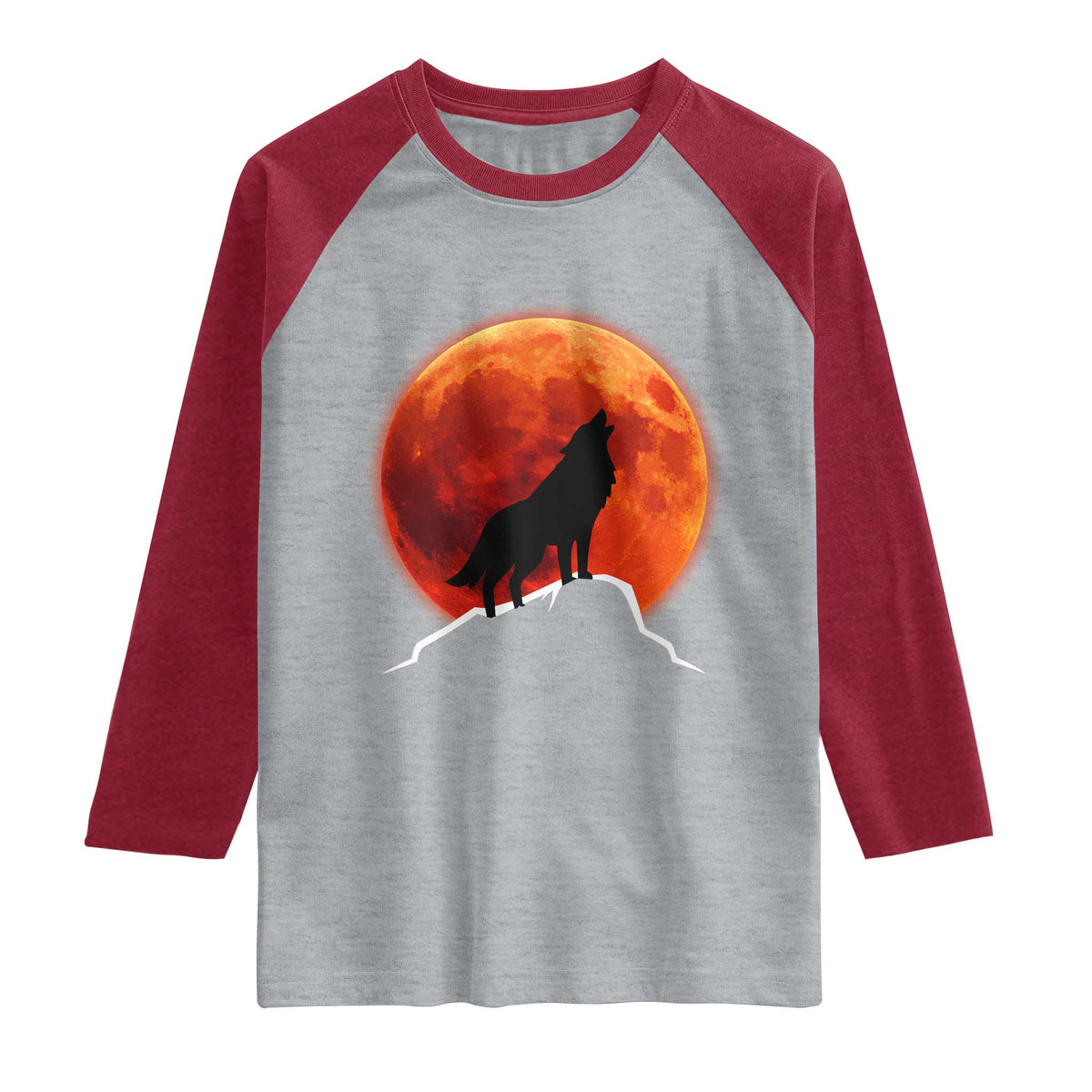 Howling Wolf Crimson Blood Moon Raglan Shirt Mountain Wildlife Nature Graphic