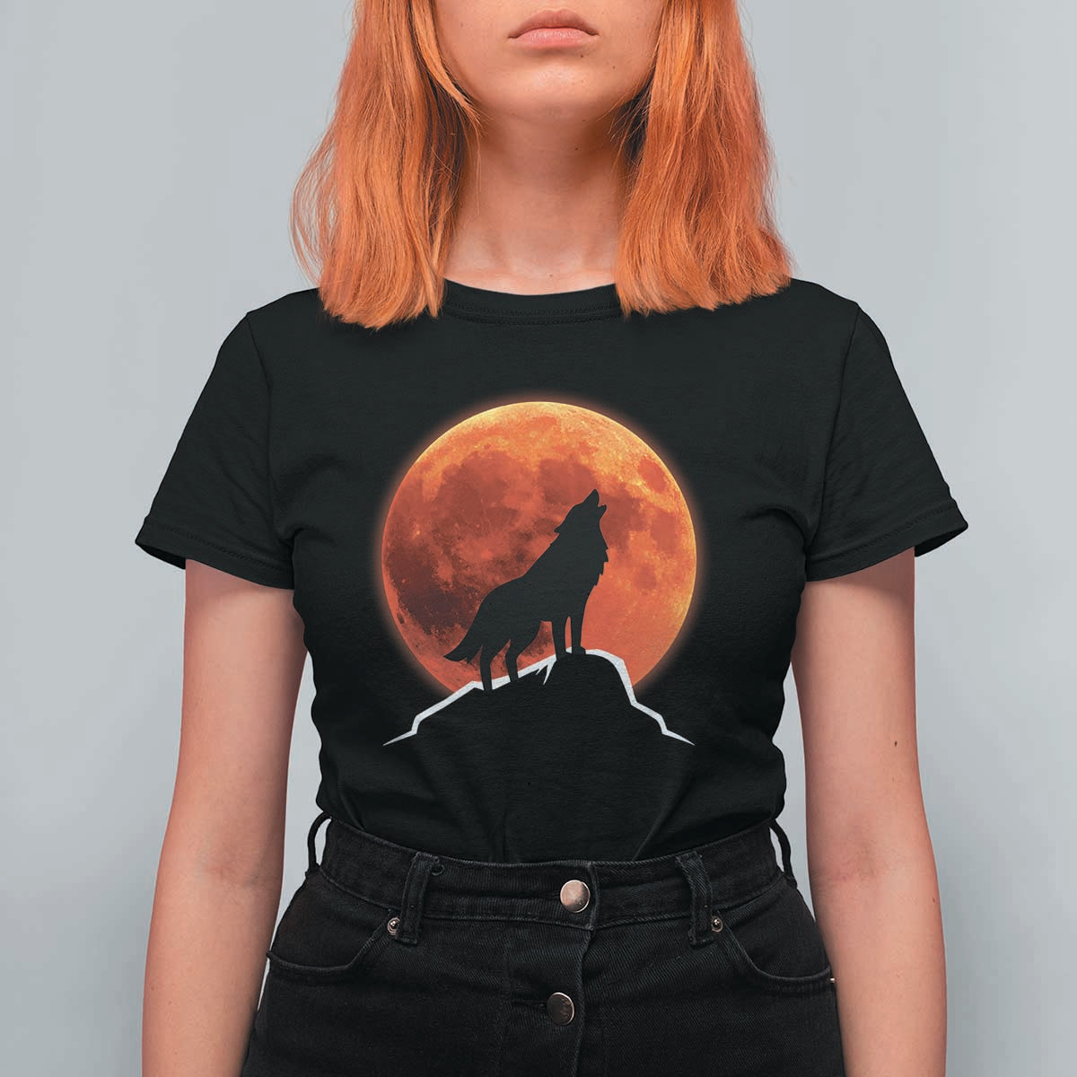 Howling Wolf Crimson Blood Moon T Shirt For Women Mountain Wildlife Nature Graphic
