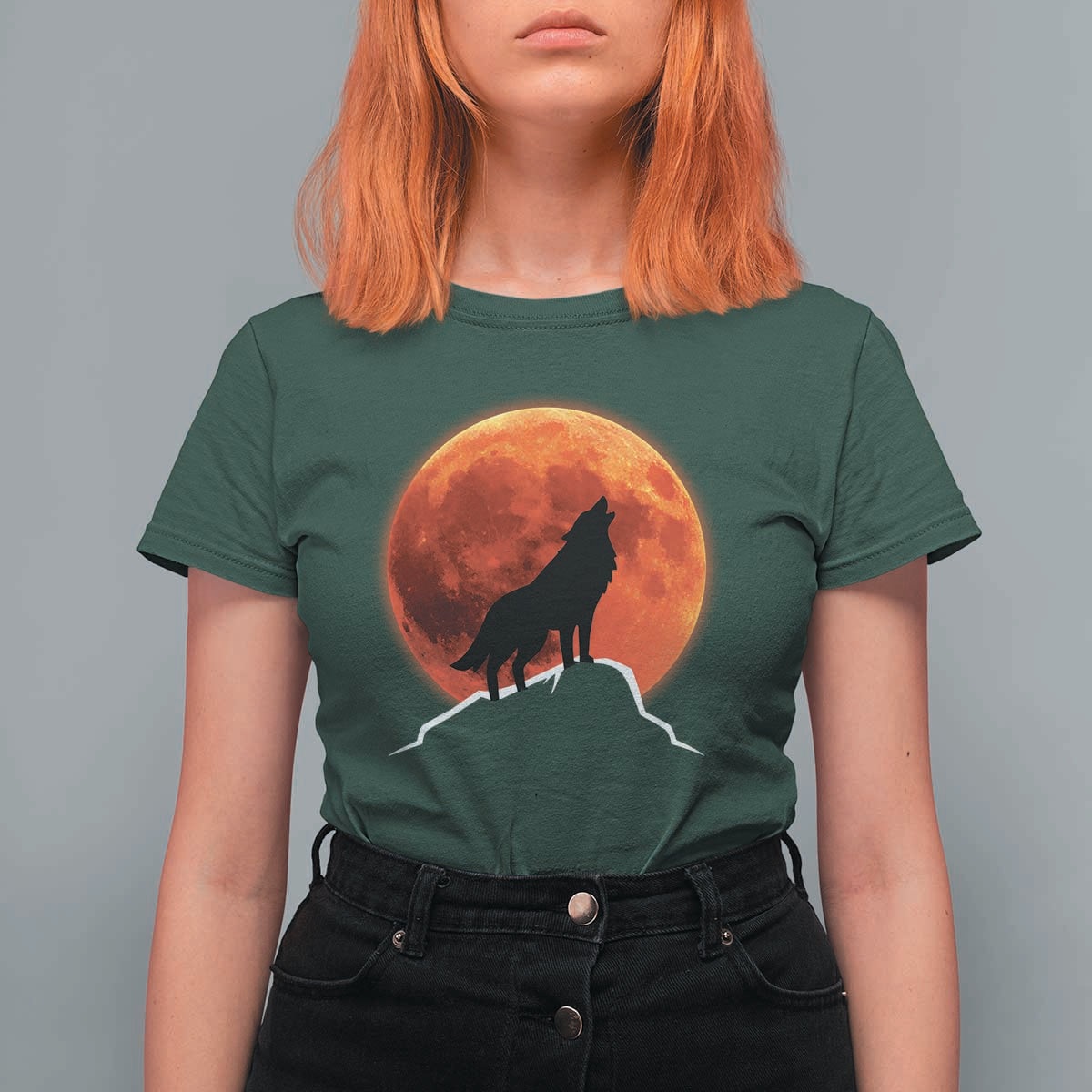 Howling Wolf Crimson Blood Moon T Shirt For Women Mountain Wildlife Nature Graphic