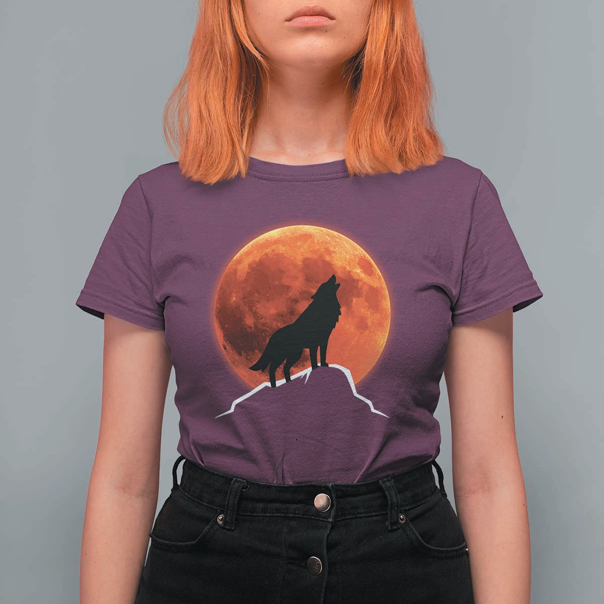 Howling Wolf Crimson Blood Moon T Shirt For Women Mountain Wildlife Nature Graphic