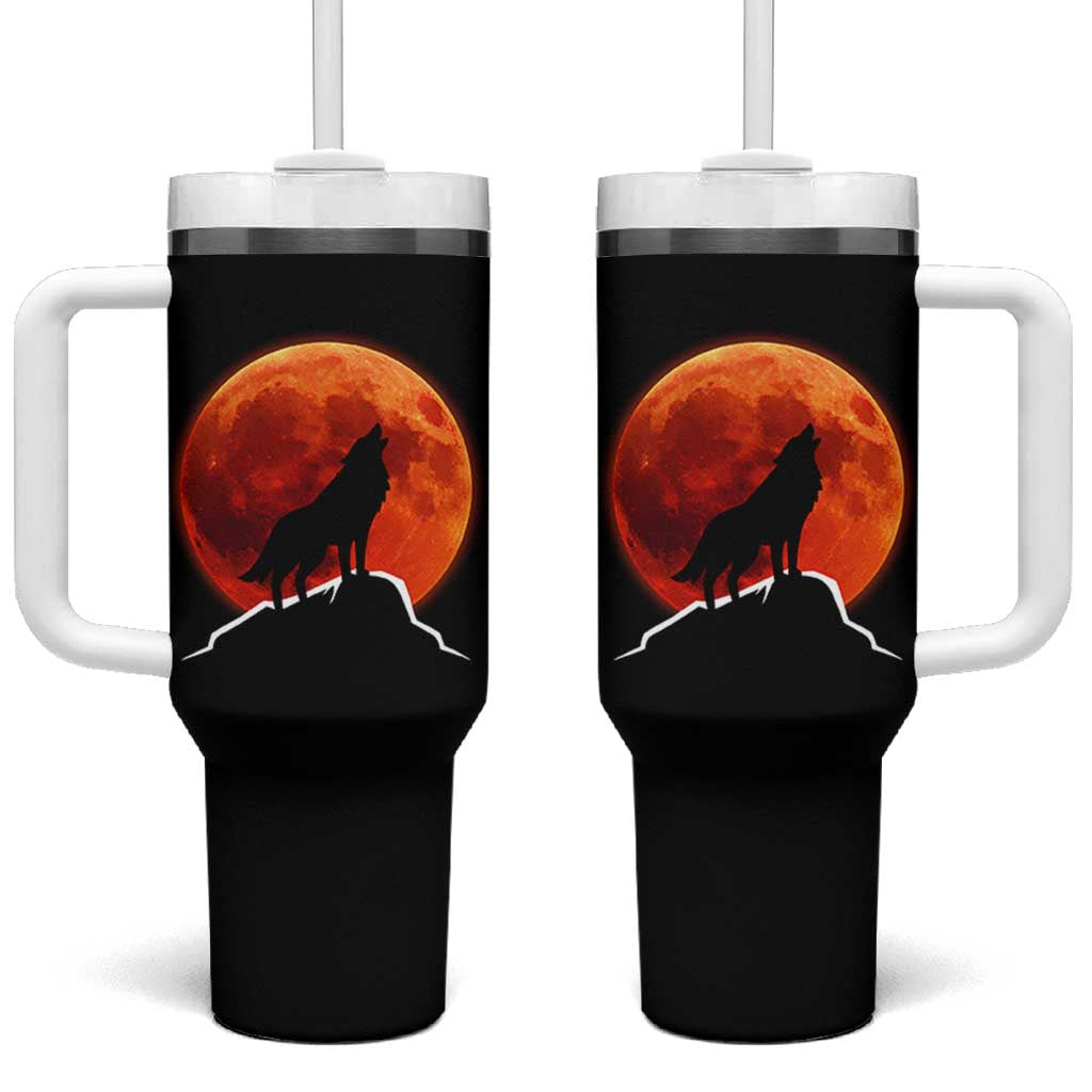 Howling Wolf Crimson Blood Moon Tumbler With Handle Mountain Wildlife Nature Graphic