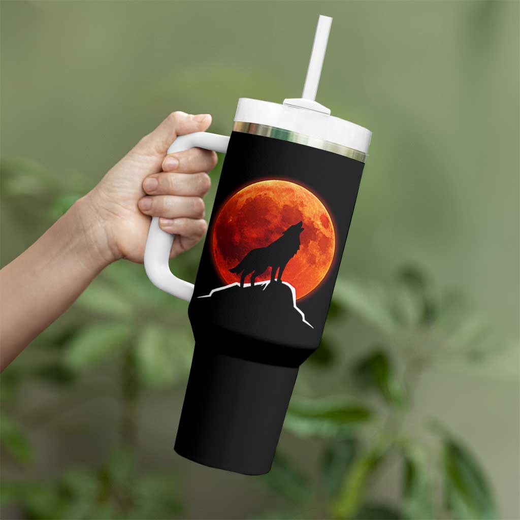 Howling Wolf Crimson Blood Moon Tumbler With Handle Mountain Wildlife Nature Graphic