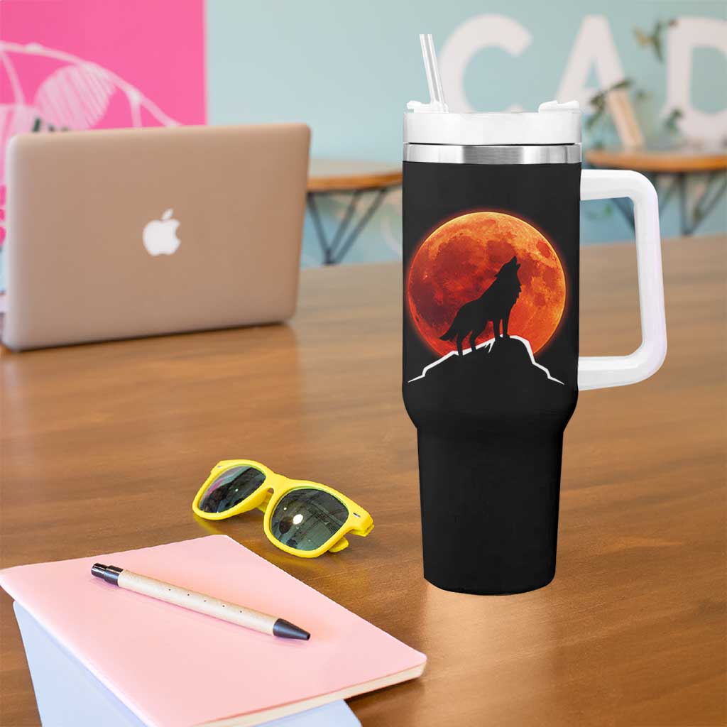 Howling Wolf Crimson Blood Moon Tumbler With Handle Mountain Wildlife Nature Graphic