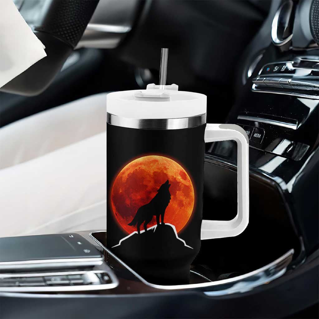 Howling Wolf Crimson Blood Moon Tumbler With Handle Mountain Wildlife Nature Graphic